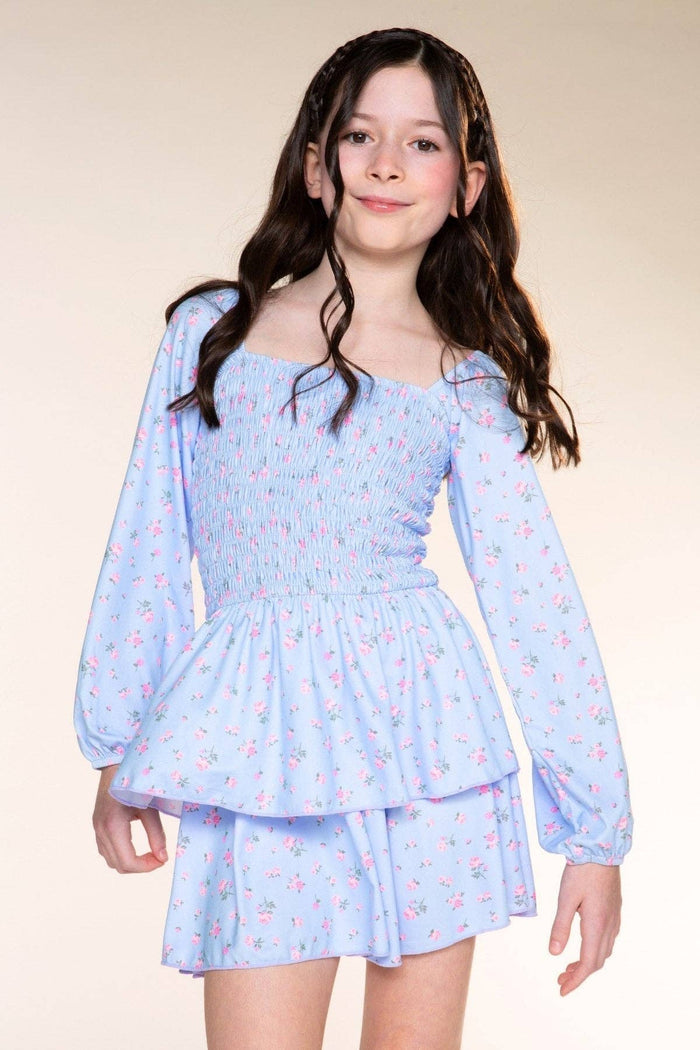 Light Blue Floral Simply Soft Smocked Ruffle Dress