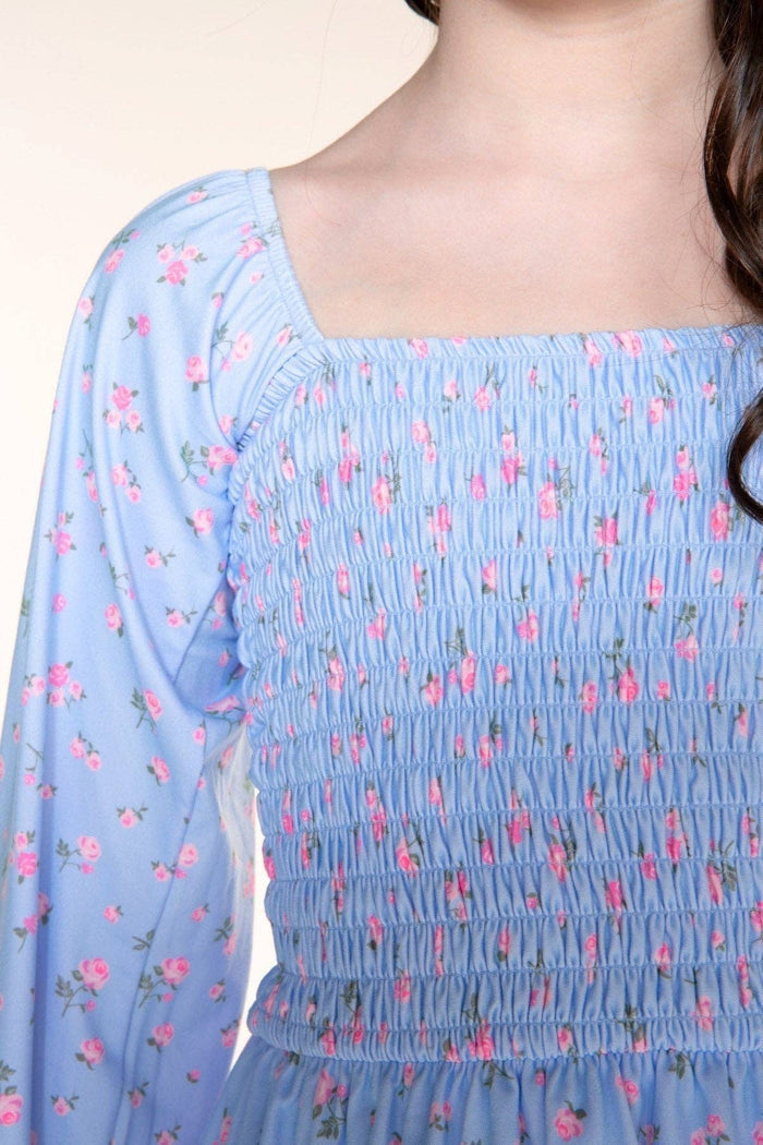 Light Blue Floral Simply Soft Smocked Ruffle Dress