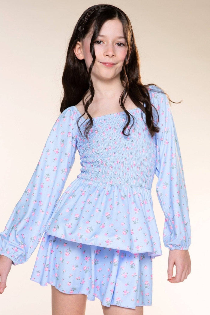 Light Blue Floral Simply Soft Smocked Ruffle Dress