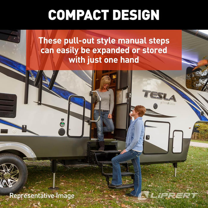 RV Step Compact Design in Use - Woman and Child at Tesla Travel Trailer | United RV Parts