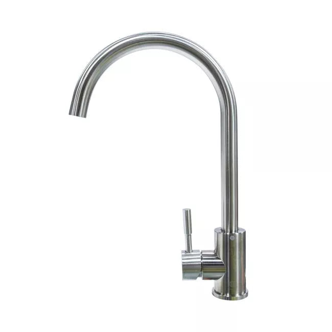 Stainless Steel Lippert Curved Gooseneck Single Hole RV Kitchen Faucet 719324 - Front View | United RV Parts
