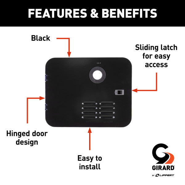 Black Girard Water Heater Door Features Benefits Diagram | United RV Parts