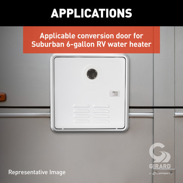White Girard Water Heater Door Installed - RV Application Example | United RV Parts