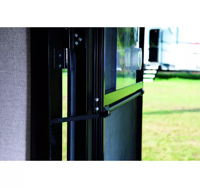 Black Lippert Screen Shot Automatic Screen Door Closer installed on RV entry door - Lifestyle Detail | United RV Parts