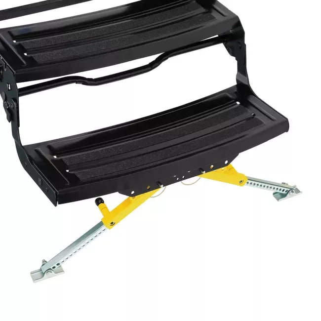 Black RV Steps with Yellow Lippert Solid Stance Step Stabilizer Kit - Side View | United RV Parts