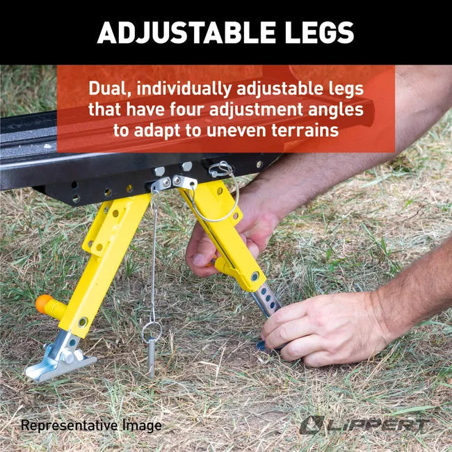 Adjustable Stabilizer Legs Being Positioned on Uneven Ground - Setup Detail | United RV Parts