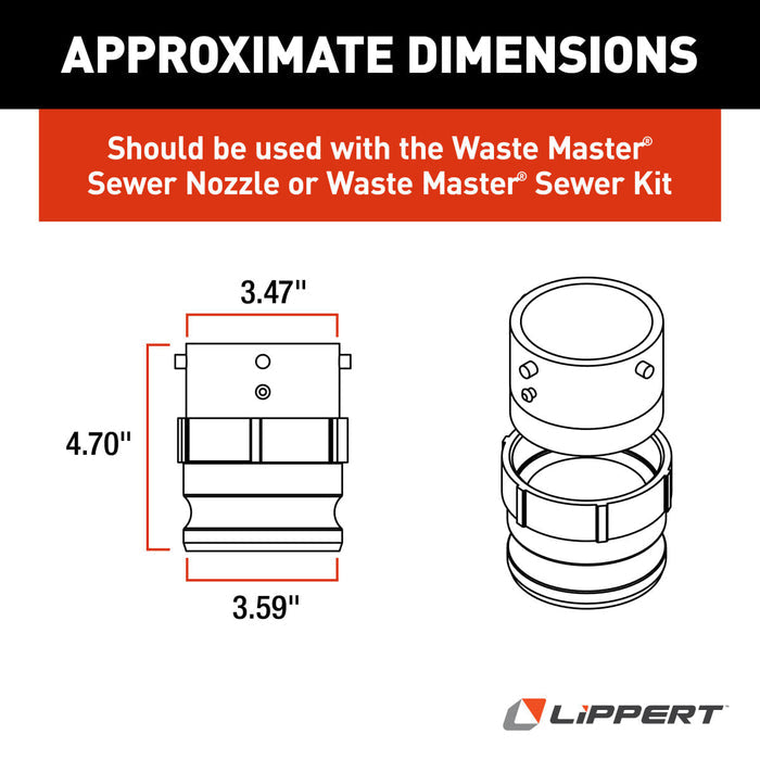 Lippert Waste Master Sewer Hose Connector Dimensions Diagram 3.47 x 4.70 Inches | United RV Parts