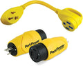 Yellow Marinco 50A Go Anywhere Kit 50GOA - 15A 30A 50A RV Power Adapters Flat Lay | United RV Parts