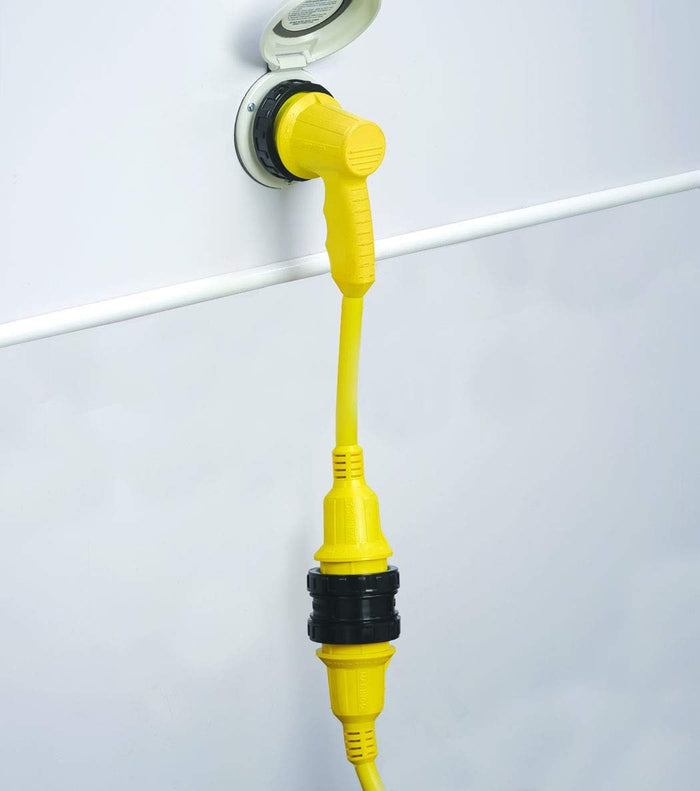 Yellow 50 Amp RV Power Adapter Connected to White Inlet - Installation View | United RV Parts