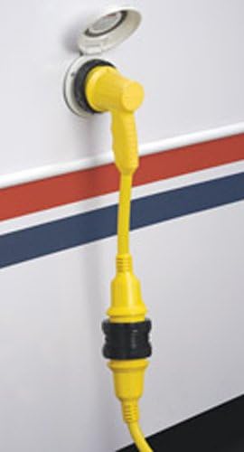 Yellow 30A 125V Right Angle Adapter Plugged Into RV Inlet - In Use | United RV Parts
