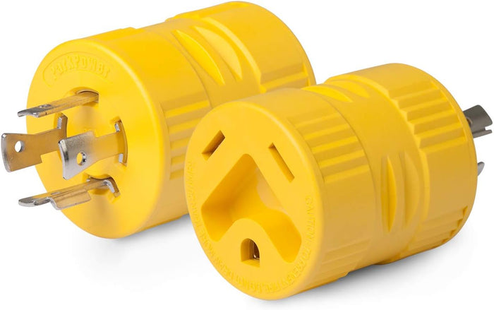 Yellow Marinco 20 Amp Locking RV Generator Adapter 4-Prong - Both Ends View | United RV Parts