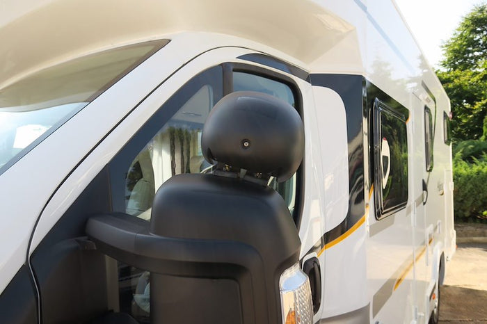 Black Milenco Aero Mirror Clamping System on White RV Vehicle Mirror | United RV Parts
