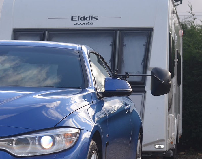 Blue Vehicle with Milenco Grand Aero Mirrors - RV Trailer Towing Setup | United RV Parts