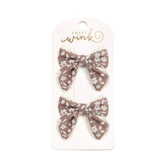 Mocha Floral Lace Bow Clip Set