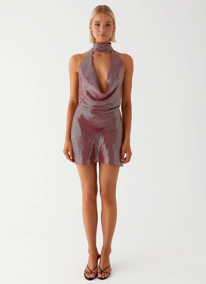 Womens Nora Sequin Cowl Neck Mini Dress in the colour Red in front of a light grey background