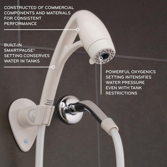 Oxygenics RV Shower Head Features - Installation View with Callouts | United RV Parts
