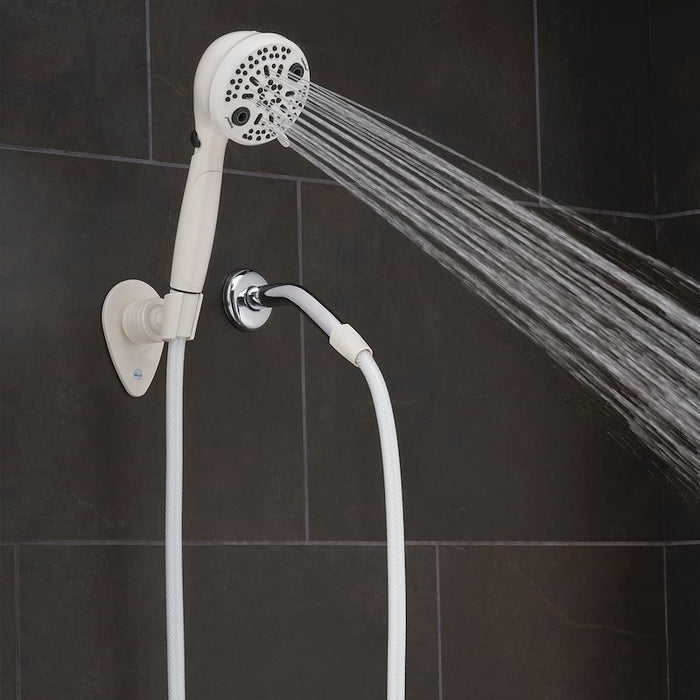 White Oxygenics PowerFlow RV Handheld Shower Demonstrating Wide Coverage Spray - In-Use Side View | United RV Parts