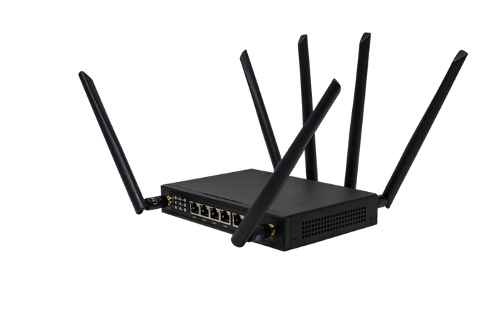 Black TravlFi Router - Side Angle with Ethernet Ports | United RV Parts