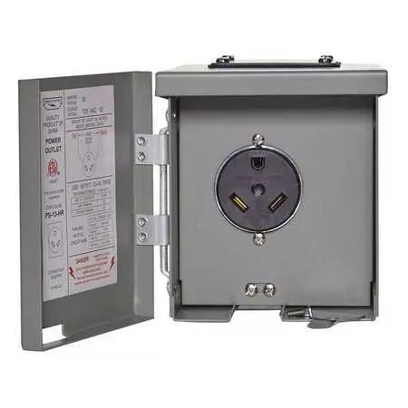 Gray Steel Parallax U013P 30 Amp RV Power Outlet Box - Open Front View | United RV Parts