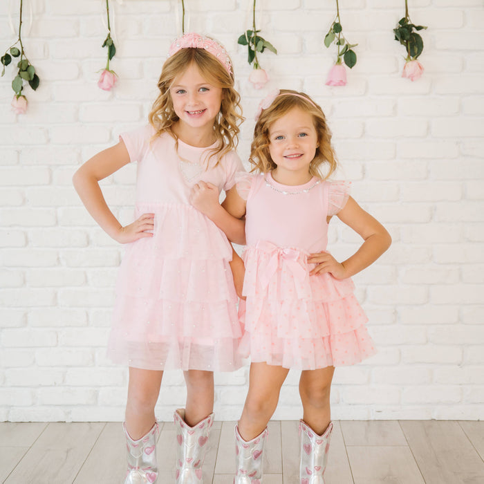 Pearl Heart Tiered Short Sleeve Tutu Baby Dress
