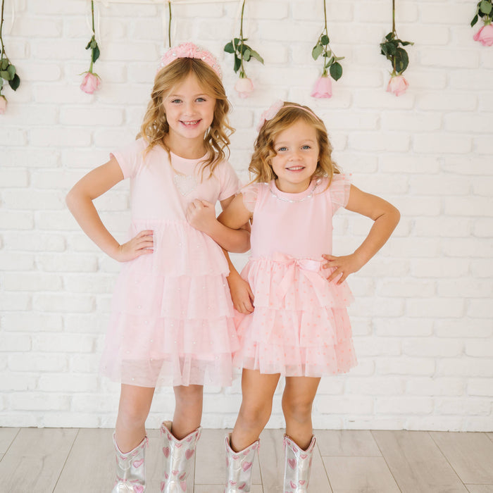Pearl Heart Tiered Short Sleeve Tutu Baby Dress