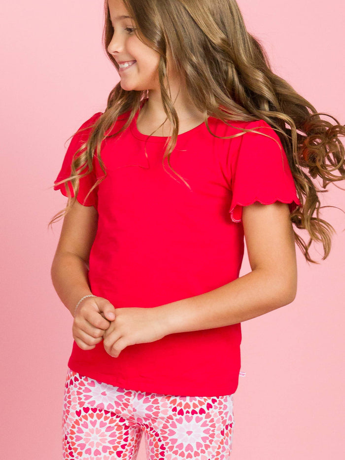 Red Knit Short Sleeve Scallop Tee