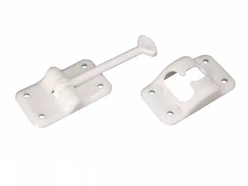 White Plastic RV Entry Door Holder Hook & Catch Set - Front View | United RV Parts