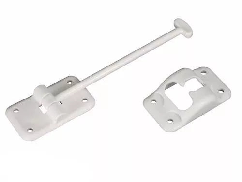 White Plastic RV Entry Door Holder with Catch Bracket - Full Set View | United RV Parts