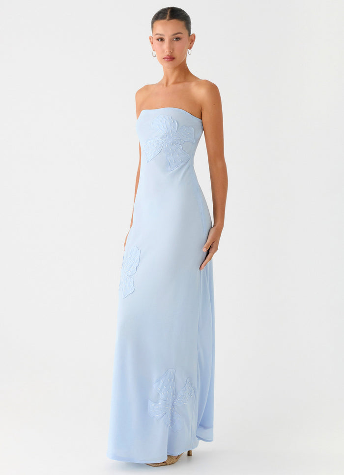 Sassafras Beaded Flower Strapless Maxi Dress - Blue