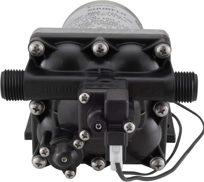 Black SHURflo Revolution Water Pump - Bottom View with Fittings | United RV Parts