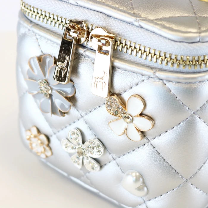 Silver Quilted Top Handle Purse with Charms