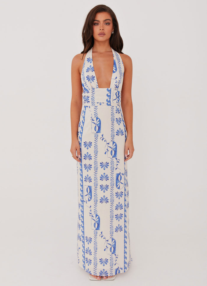 Womens Sky Linen Maxi Dress in the colour Floral Wave in front of a light grey background