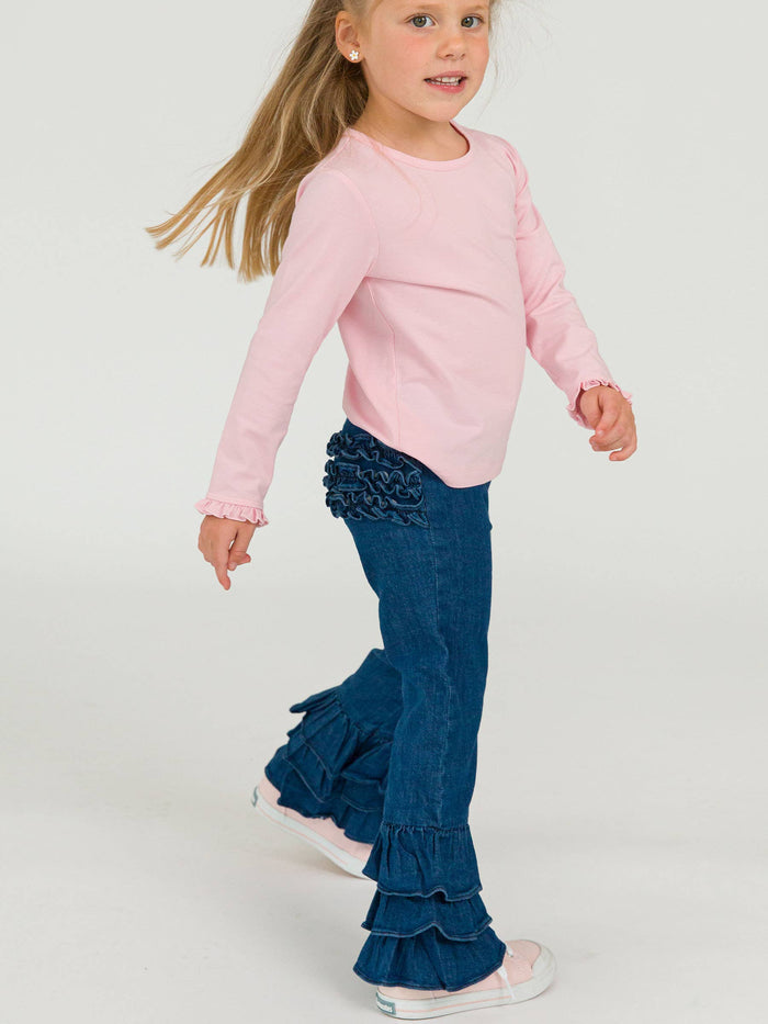 Stretch Denim Flare Pants with Ruffles