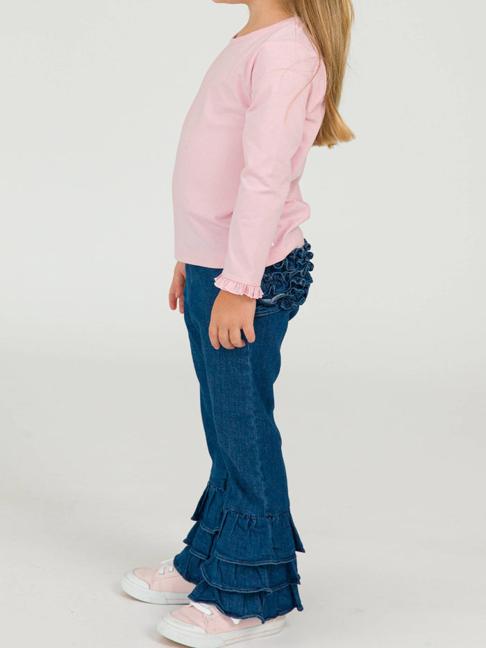 Stretch Denim Flare Pants with Ruffles