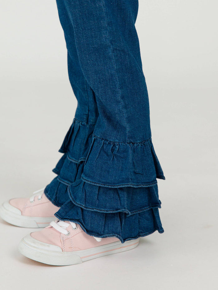 Stretch Denim Flare Pants with Ruffles