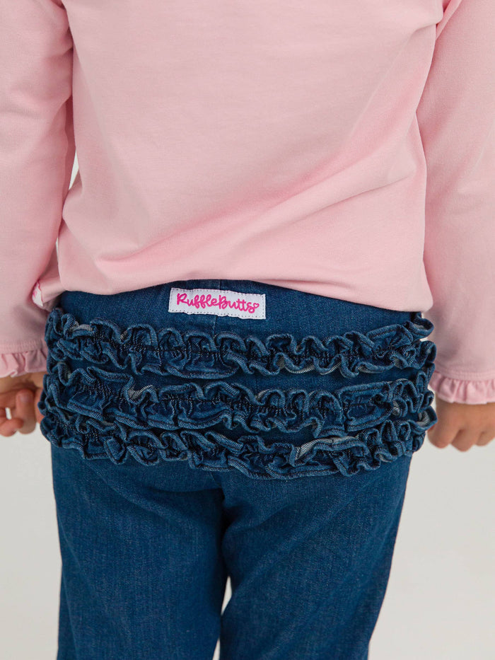Stretch Denim Flare Pants with Ruffles