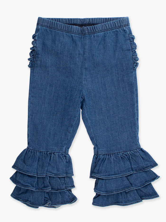 Stretch Denim Flare Pants with Ruffles