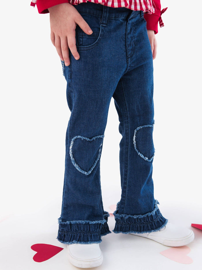Stretch Denim Heart Applique Crop Flare Jeans
