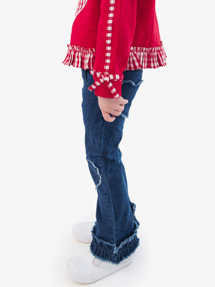 Stretch Denim Heart Applique Crop Flare Jeans