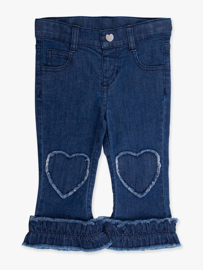 Stretch Denim Heart Applique Crop Flare Jeans