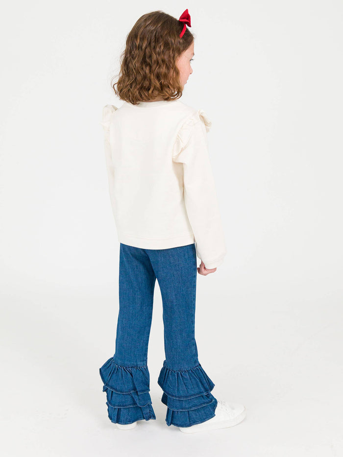 Stretch Denim Ruffle Flare Pants