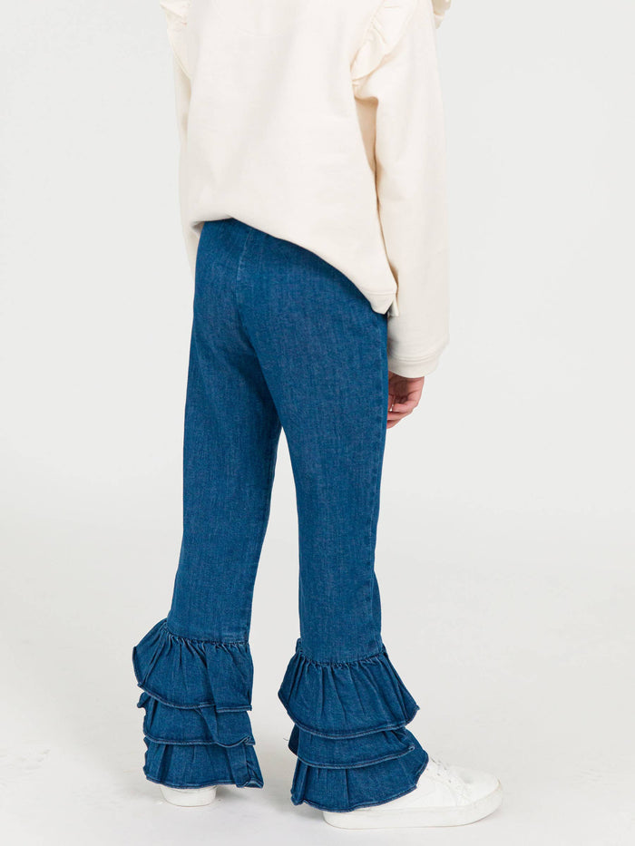 Stretch Denim Ruffle Flare Pants