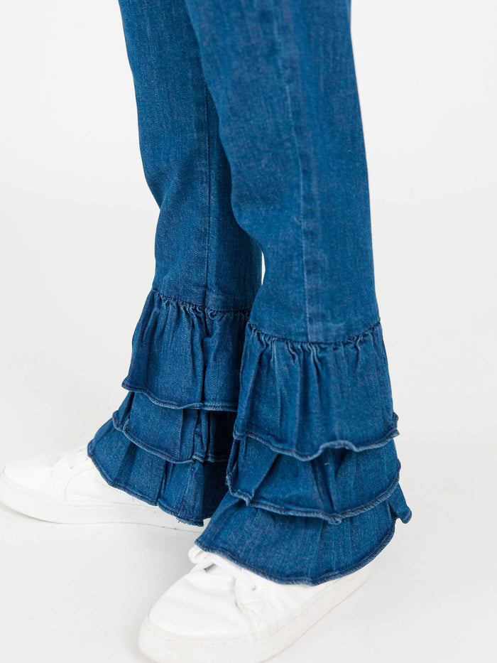 Stretch Denim Ruffle Flare Pants