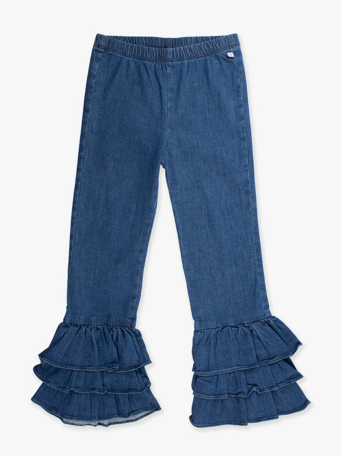 Stretch Denim Ruffle Flare Pants