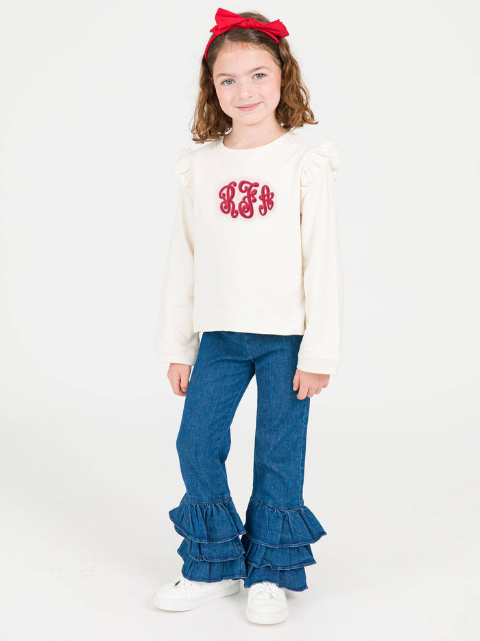 Stretch Denim Ruffle Flare Pants