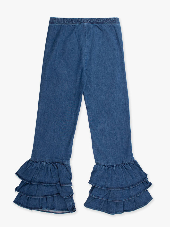 Stretch Denim Ruffle Flare Pants