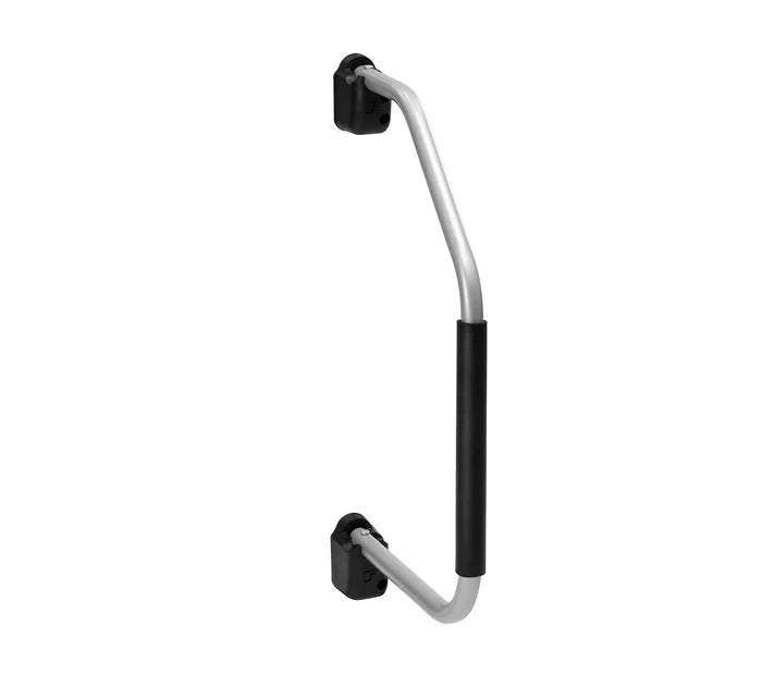 Silver Steel RV Assist Rail with Black Grip - Front View | United RV Parts