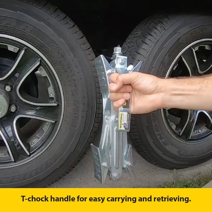 T-Chock Handle Being Carried Between RV Tires - In Use Demonstration | United RV Parts