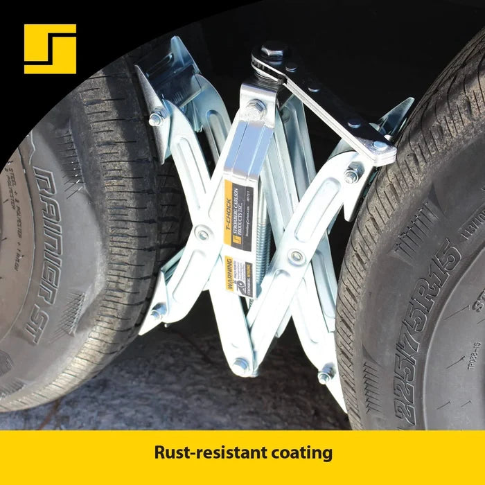 Rust-Resistant T-Chocks Positioned Between Tandem Tires - Installation View | United RV Parts
