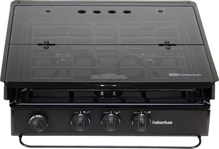 Suburban Glass Stove Top Bi-Fold Cover 2985A - Front Angle with Stovetop | United RV Parts
